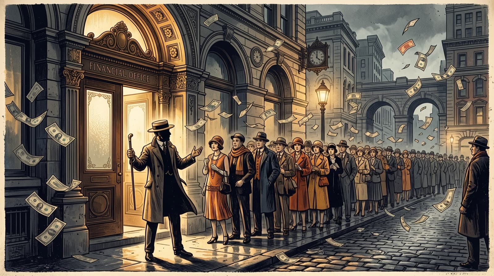 1920'ler Boston'ında bir ofis kapısı önünde kuyruğa girmiş kalabalığı ve havada uçuşan banknotları gösteren temsilî illüstrasyon