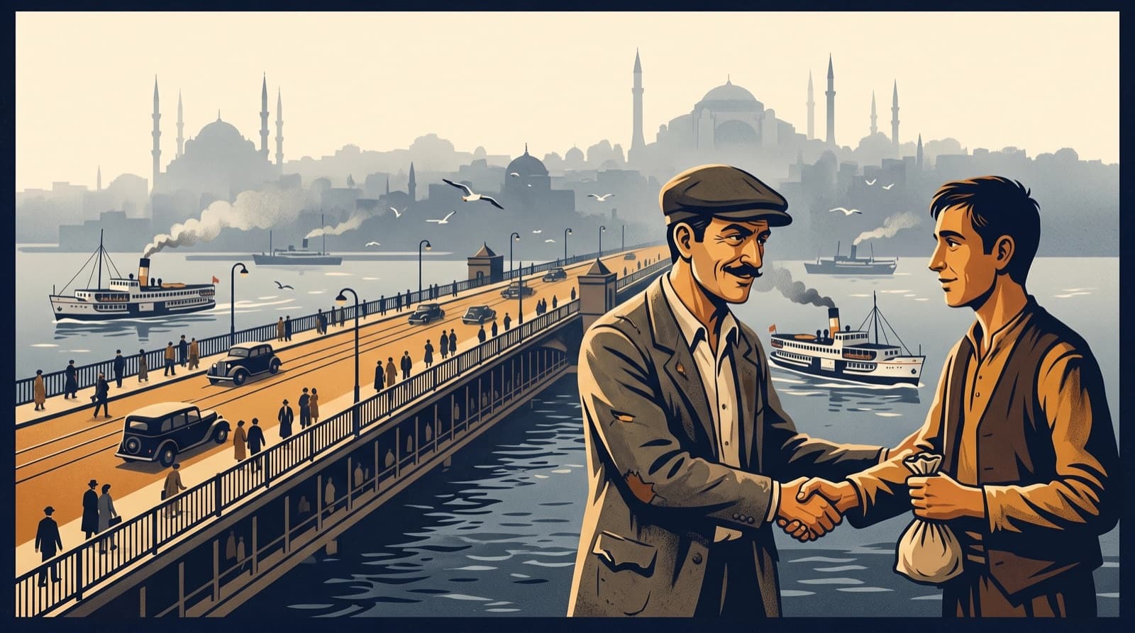 1950'ler İstanbul'unda Galata Köprüsü önünde el sıkışan iki adamı ve para kesesini gösteren temsilî illüstrasyon