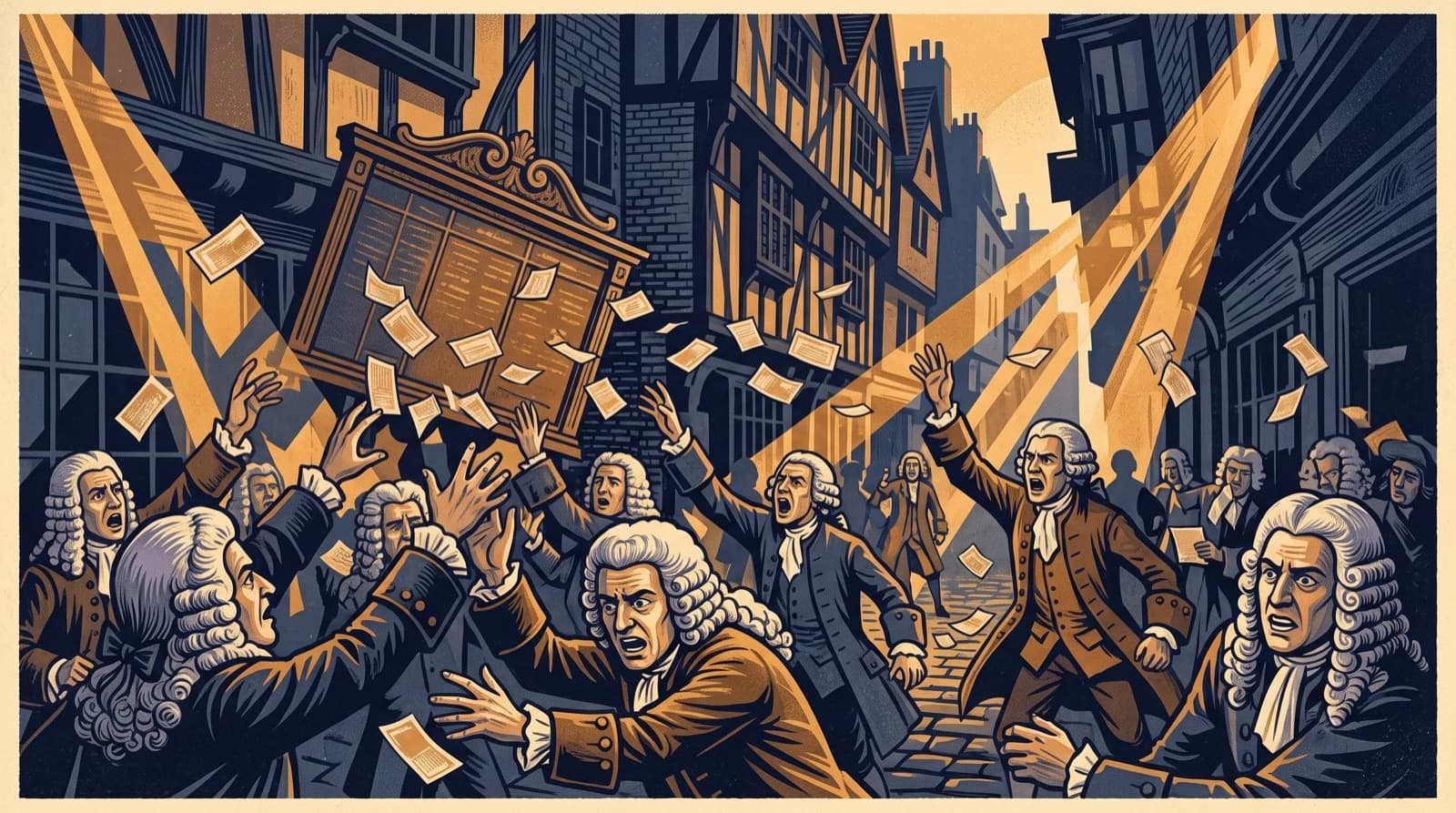 1720 Londra Exchange Alley'de hisse için çılgınca toplanan peruklu kalabalığı ve havada uçuşan sertifikaları gösteren temsilî illüstrasyon